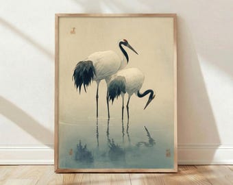 Ohara Koson grues couronnées rouges japonaises, oiseau asiatique vintage, impression d'affiche d'art mural de décoration d'intérieur