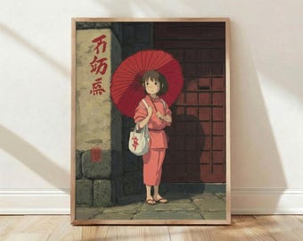 Hayao Miyazaki 2001 Spirited Away Chihiro Red Umbrella Anime Poster Home Decor Wall Art