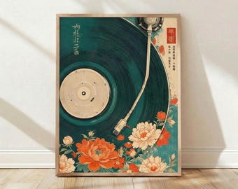 Tourne-disque vinyle japonais impression d'art floral décoration d'intérieur affiche murale mélomanes esthétique