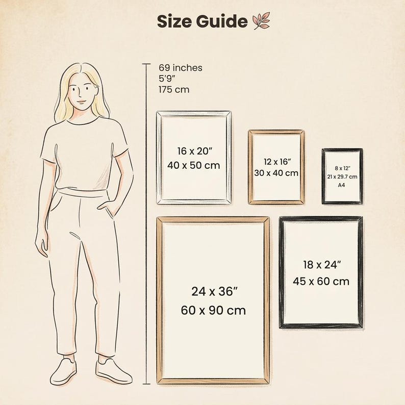 Size guide showing five different frame sizes compared to a woman figure. The frames range from small 8x12 inch black frame to large 24x36 inch wooden frame. Each frame displays measurements in inches and centimeters. The illustration uses a neutral beige background with simple line drawings in muted tones.