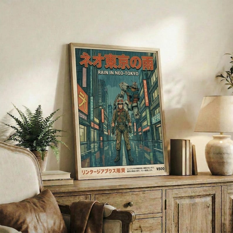 Rain In Neo Tokyo, Gundam-animeprint, retro cyberpunk-mechaposter, muurdecoratie in huis afbeelding 4