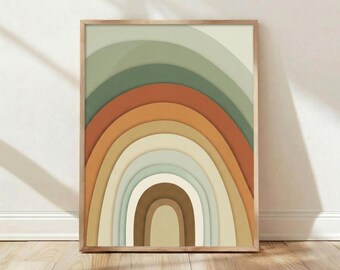 Art mural bohème arc-en-ciel moderne abstrait moderne du milieu du siècle, affiche imprimée, décoration d'intérieur aux tons ocre
