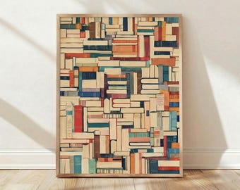 Lámina vintage apilada de libros, póster retro de biblioteca, arte mural moderno de mediados de siglo, decoración maximalista, arte para sala de lectura, regalo literario