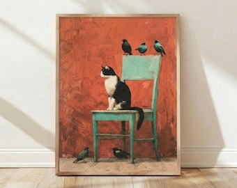Tuxedo Cat, Turquoise Chair, Birds, Home Decor, Wall Art, Print, Poster, Vintage, Illustration, Animal