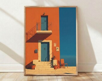 Maison côtière méditerranéenne, art mural porte bleue, affiche bâtiment orange, impression voyage d'été, décoration