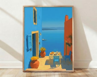 Vue sur la terrasse d'été de la Méditerranée, Grèce, Santorin, mer bleue, décoration d'intérieur, impression d'art mural, affiche