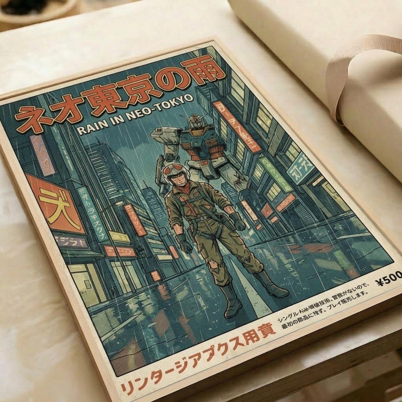 Rain In Neo Tokyo, Gundam-animeprint, retro cyberpunk-mechaposter, muurdecoratie in huis afbeelding 3