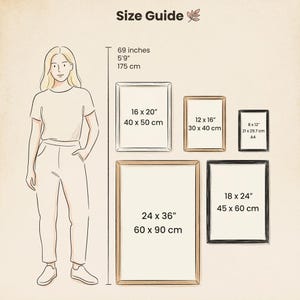 Size guide showing various frame dimensions compared to a 5'9" woman illustration. Features five different frame sizes ranging from small 8x12 inch to large 24x36 inch options, displayed in light wood and black frames against a cream background. Measurements shown in both inches and centimeters with clean, minimalist styling.