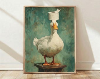 Funny Duck With Toilet Paper Bathroom Wall Art, Whimsical Animal Home Decor, Quirky Print
