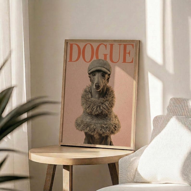 May include: Framed poster featuring a whippet dog wearing a tweed flat cap and fuzzy brown scarf against a pink background, with "DOGUE" text in orange letters at top, displayed on a light wood round side table next to a beige upholstered chair with white throw pillow, green plant leaves visible in corner, soft natural lighting creating shadows on white wall