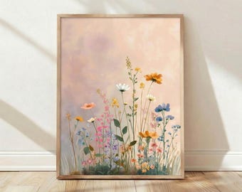 Prairie de fleurs sauvages pastel, illustration botanique, floral vintage, décoration d'intérieur, art mural, impression, affiche, esthétique