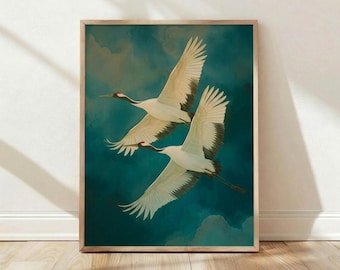 Grues couronnées rouges japonaises, décoration d'intérieur d'oiseaux orientaux, impression d'art mural, affiche esthétique vintage