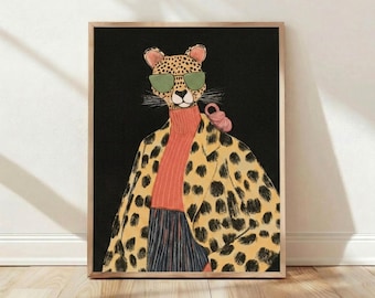 Home Decor, Wall Art, Poster, Print, Fashionable Leopard, Anthropomorphic Cheetah, Retro Chic Illustration, Gift