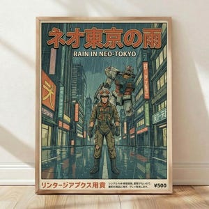 Rain In Neo Tokyo, Gundam-animeprint, retro cyberpunk-mechaposter, muurdecoratie in huis afbeelding 1