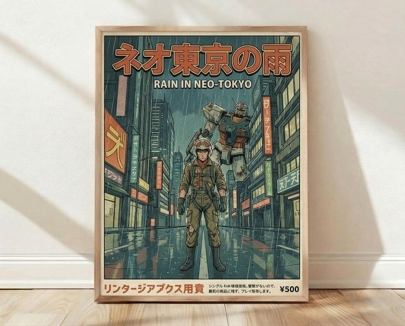 Rain In Neo Tokyo, Gundam-animeprint, retro cyberpunk-mechaposter, muurdecoratie in huis afbeelding 1