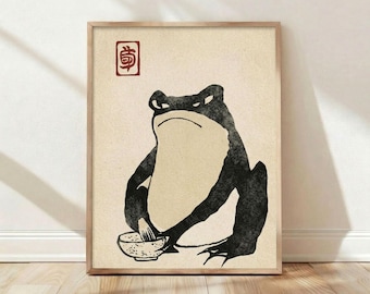 Lámina artística de rana japonesa, grabado en madera vintage, arte mural para jardín zen, arte mural asiático, póster japonés, lámina minimalista de animales.