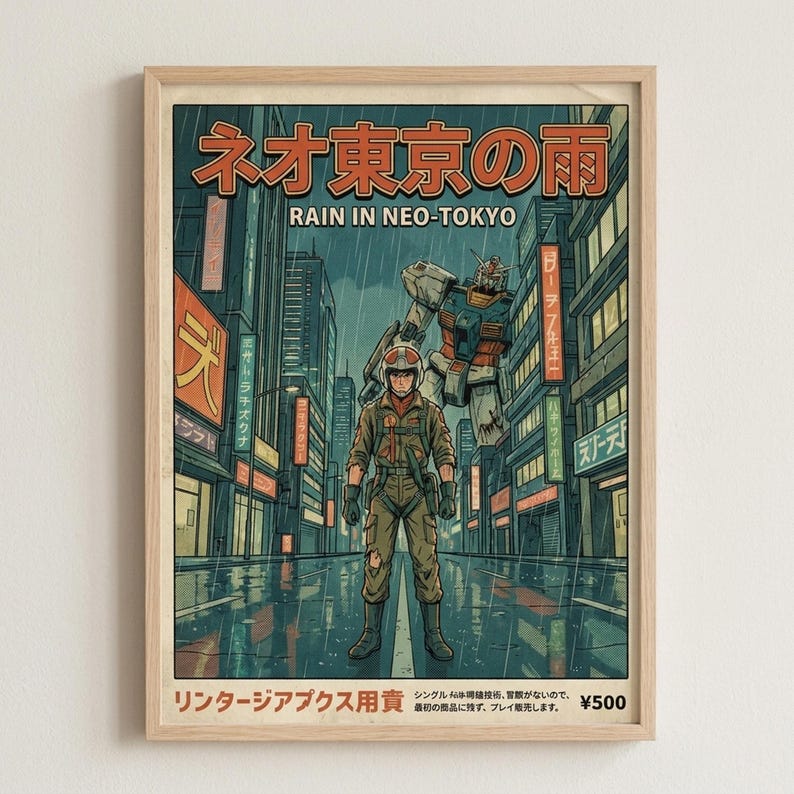 Rain In Neo Tokyo, Gundam-animeprint, retro cyberpunk-mechaposter, muurdecoratie in huis afbeelding 2