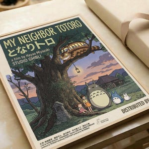 May include: Vintage-style movie poster print displayed on white paper or parchment. Features iconic forest scene with large camphor tree, cartoon cat bus perched in branches, and beloved forest spirit character standing below with two children. Artwork shows twilight sky with purple and orange hues, traditional Japanese house in background. Print has aged, cream-colored borders with text at top and bottom in classic movie poster layout.
