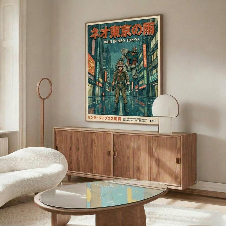 Rain In Neo Tokyo, Gundam-animeprint, retro cyberpunk-mechaposter, muurdecoratie in huis afbeelding 6