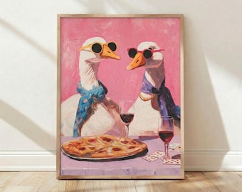 Funny Geese Dinner Date Pizza Wine Home Decor Wall Art Print Poster Whimsical Gift