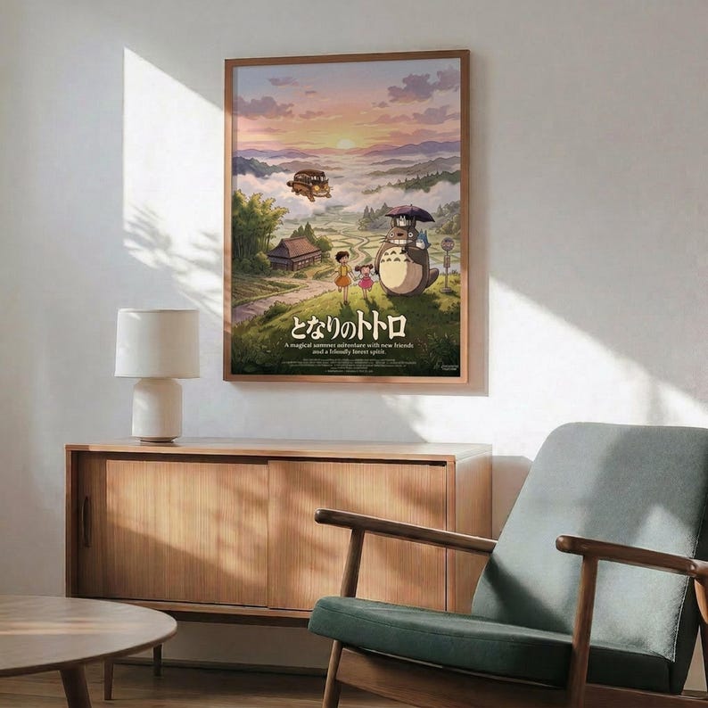 May include: Framed Studio Ghibli Totoro movie poster hanging on white wall above wooden sideboard. Poster shows iconic gray forest spirit character with children on rural path, flying bus in cloudy mountain landscape at sunset. Mid-century modern room with teal upholstered chair, round wood coffee table, white ceramic lamp. Natural sunlight creates geometric shadows on wall.