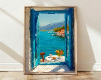 Vue depuis la fenêtre de la côte méditerranéenne, affiche de bord de mer aux volets bleus, impression d'art impressionniste de paysage d'été, décoration d'intérieur