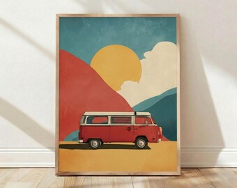 impression de paysage rétro de camping-car rouge vintage, décoration d'intérieur bohème, affiche d'art mural de voyage