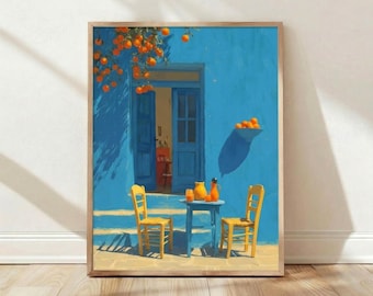 Récolte d'oranges bleu méditerranéen, impression d'art mural décoration d'intérieur, cadeau affiche esthétique de cuisine