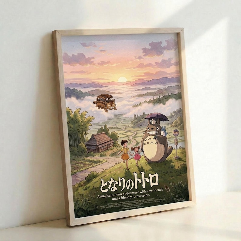 May include: Framed poster print leaning against white wall showing animated scene with large gray forest creature holding umbrella, two children, traditional Japanese house, flying vehicle, and mountainous landscape with sunset sky in warm pink and orange tones. Light wood frame, displayed in minimal interior setting.