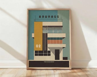 Lámina Bauhaus, arte mural moderno de mediados de siglo, póster arquitectónico, arte abstracto geométrico, decoración de apartamentos, decoración de salas de estar