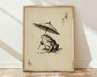 Vintage Japanische Kröte, Wandkunst, Frosch mit Regenschirm, asiatisches Wohnkultur Poster, Retro