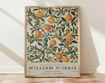 Lámina de William Morris, Arte botánico de naranjo, Póster Art Nouveau vintage, Decoración cottagecore, Arte mural del movimiento Arts and Crafts