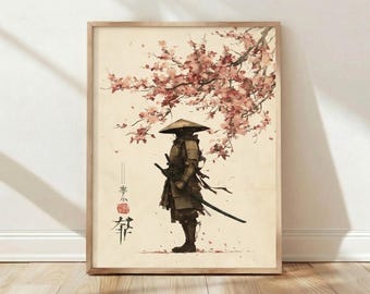 Samouraï japonais fleurs de cerisier sakura aquarelle décoration murale Art impression affiche guerrier illustration