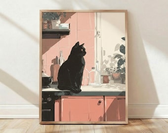 Cuisine rose chat noir, décoration d'intérieur, impression d'art mural, affiche esthétique rétro, oeuvre d'art moderne