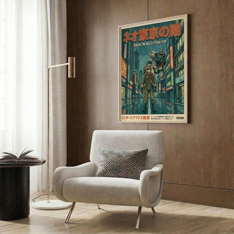 Rain In Neo Tokyo, Gundam-animeprint, retro cyberpunk-mechaposter, muurdecoratie in huis afbeelding 5