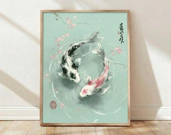 Poisson japonais Koi Yin Yang, fleurs de cerisier Sakura, décoration d'intérieur, impression d'art mural poster