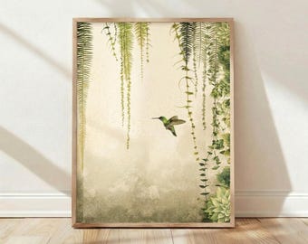 Green Hummingbird, Hanging Ferns, Botanical Art Print, Vintage Nature Wall Decor, Floral Poster, Gift