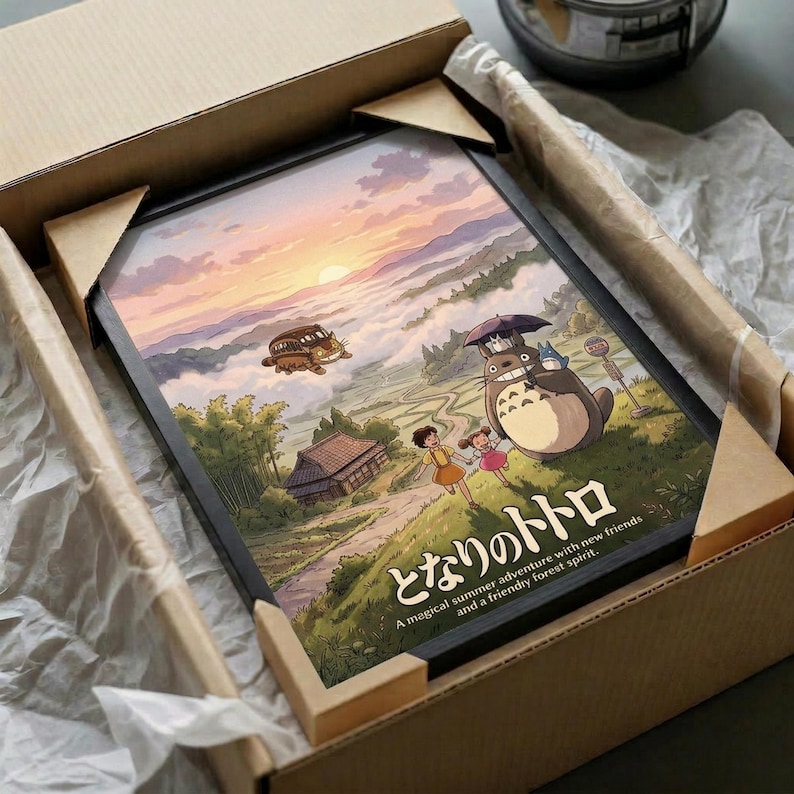 May include: Framed Studio Ghibli poster featuring Totoro and two children in a pastoral landscape with traditional Japanese house, displayed in wooden shipping box with protective wrapping. Artwork shows sunset sky in pink and purple hues, the iconic gray forest spirit Totoro holding an umbrella, and the magical Catbus flying overhead. Japanese text at bottom reads "A magical summer adventure with new friends and friendly forest spirit."