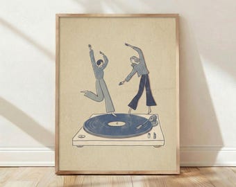 Lámina con figuras bailando al estilo retro, póster vintage de tocadiscos, arte mural moderno de mediados de siglo, decoración musical de los años 60, arte original para apartamentos.