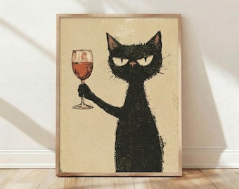 Mürrische schwarze Katze, die Weinglas hält Poster, Retro Vintage Wohnkultur, Wandkunst Druck
