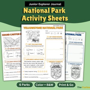 May include: A set of National Park Activity Sheets for kids, featuring illustrations and prompts for exploration. The sheets include coloring pages and activities for six different parks, with the text "Junior Explorer Journal" and "National Park Activity Sheets".