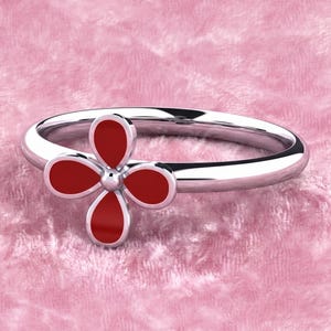 Red Flower Ring Sterling Silver Four Petal Floral Ring Dainty Red Clover Ring Minimalist Stackable Flower Ring Retro Botanical Jewelry Gift
