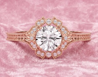 Vintage Halo Verlovingsring, Roségouden Diamanten Ring, Art Deco Bruidsring, Rondgeslepen Belofte Ring, Unieke Milgrain Trouwring