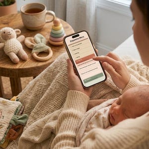 May include: A person holding a smartphone displaying a "Dopamine Menu" while cradling a baby. A wooden table holds a cup of tea, a lamb plush, a bunny teether, and a wooden stacking toy. The scene is warm and inviting.