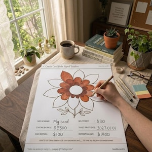 Puede incluir: Una persona está coloreando un rastreador de pago de deuda de tarjeta de crédito con temática floral con un bolígrafo. El rastreador incluye campos para el apodo de la tarjeta, el saldo inicial y la fecha objetivo de pago. Una taza de café y libros están en el fondo.