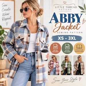 Op de afbeelding: Een naaipatroon voor de Abby Jacket, met een blauw, beige en wit geruit overhemdjack met twee borstzakken, knopen en lange mouwen. Het patroon bevat maten XS-3XL, A0- en A4-bestandsformaten en stapsgewijze instructies.