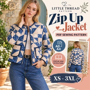 May include: A quilted zip-up jacket featuring a blue and beige geometric patchwork pattern with small floral details, long sleeves, and two front pockets. The text reads Little Thread Pattern Zip Up Jacket PDF Sewing Pattern.