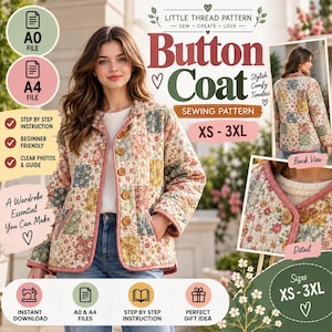 May include: A sewing pattern for a button coat featuring a quilted patchwork design with floral patterns in muted tones. The coat has a pink trim, wooden buttons, and long sleeves. The pattern includes sizes XS to 3XL with A0 and A4 file options.