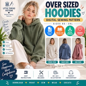 Può includere: Un cartamodello digitale per felpe con cappuccio oversize nelle taglie XS-3XL. L'immagine mostra una persona che indossa una felpa verde oliva, con viste aggiuntive di felpe beige, blu e malva. Include icone per file PDF e istruzioni.