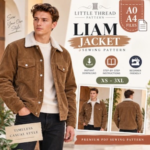 Men's Jacket Sewing Pattern | Corduroy Trucker Jacket PDF | Sherpa Collar Jacket Pattern | Men's Shirt Jacket | XS-3XL Digital Download